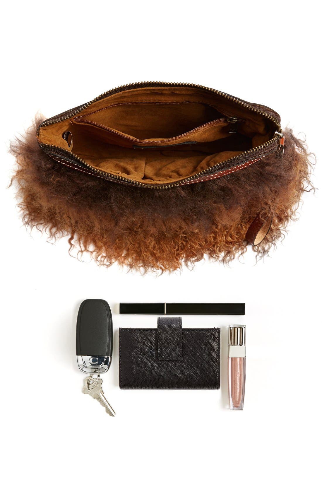 'Cassini' Genuine Shearling & Leather Wristlet, Alternate, color, BROWN