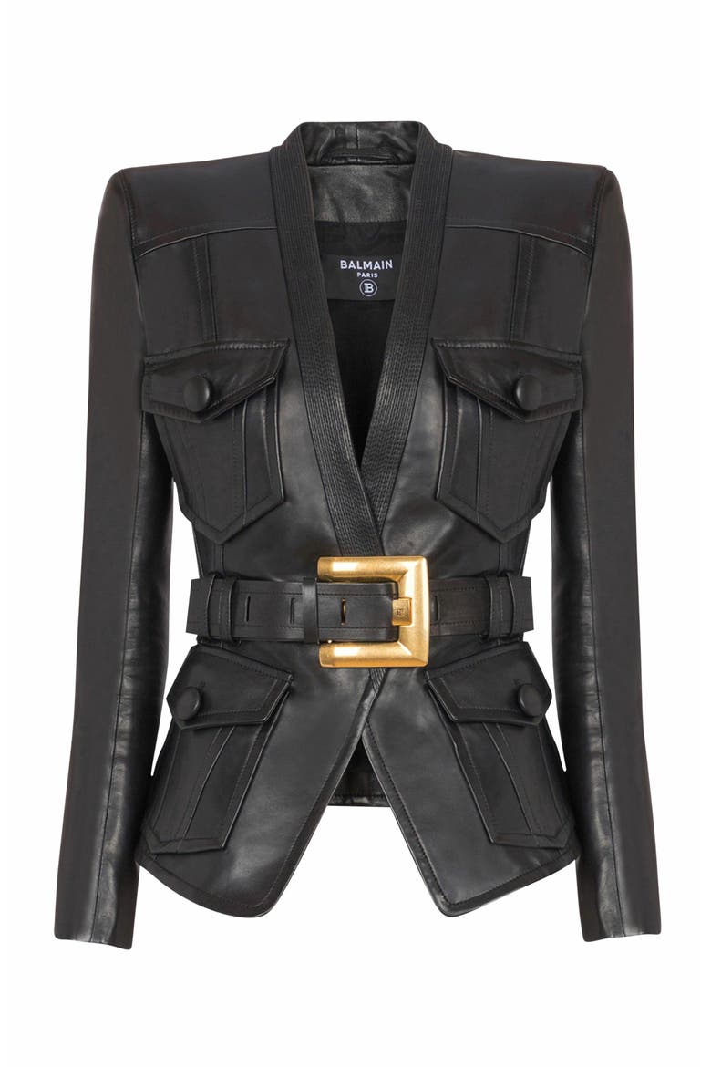 1-Button Belted Leather Jacket, Alternate, color, Black