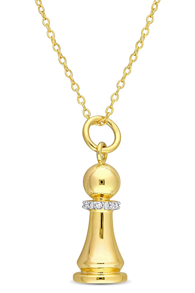 Yellow Rhodium Plated Sterling Silver Diamond Accent King Chess Charm Pendant Necklace - 0.07 ctw, Main, color, GOLD