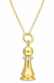 DELMAR Yellow Rhodium Plated Sterling Silver Diamond Accent King Chess Charm Pendant Necklace - 0.07 ctw