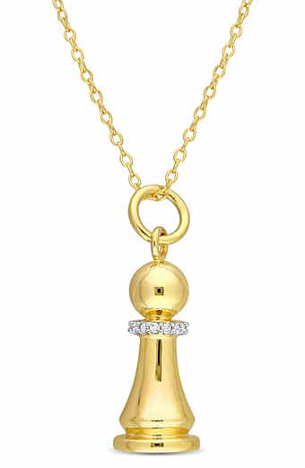 DELMAR Yellow Rhodium Plated Sterling Silver Diamond Accent King Chess Charm Pendant Necklace - 0.07 ctw