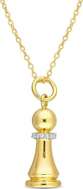 DELMAR Yellow Rhodium Plated Sterling Silver Diamond Accent King Chess Charm Pendant Necklace - 0.07 ctw
