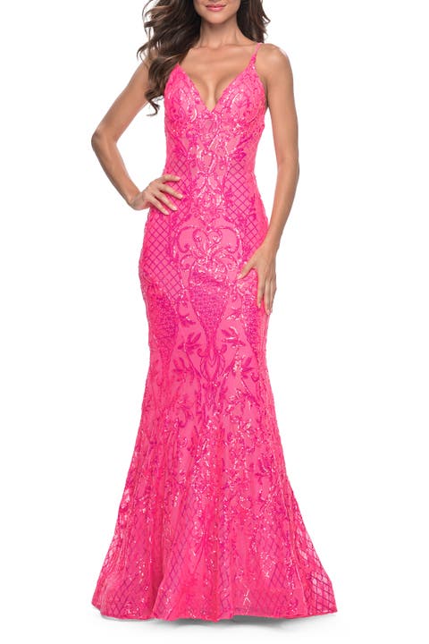 Neon Mermaid Print Sequin Dress with Lace Up Open Back