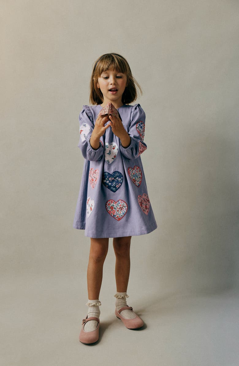 Mini Boden Kids' Heart Appliqué Long Sleeve Cotton Dress, Alternate, color, Dusty Blue Hearts