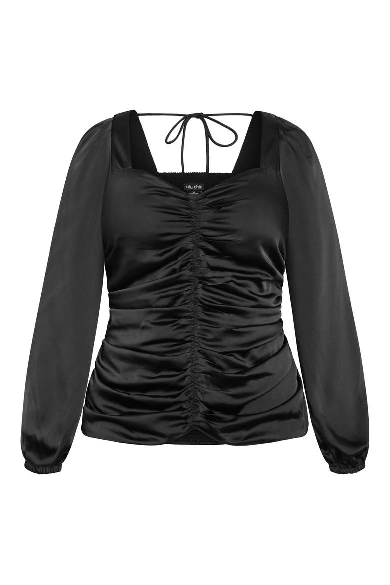 Sienna Center Ruched Satin Top, Alternate, color, BLACK