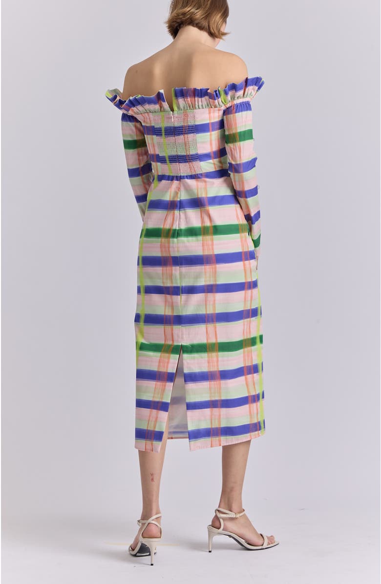 De Loreta Sara Long Sleeve Off the Shoulder Cotton Midi Dress, Alternate, color, Aqua Print