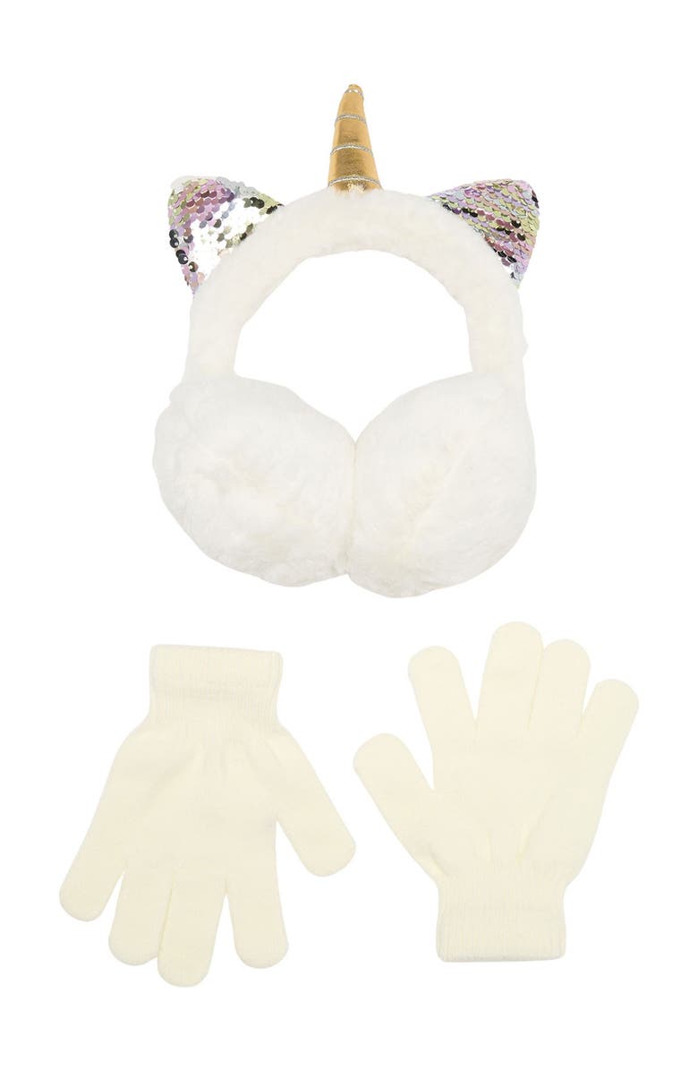 Curls & Pearls Unicorn Earmuffs & Gloves Set, Main, color, 