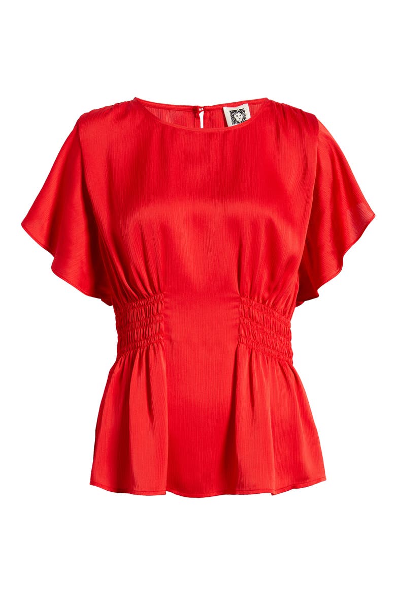 Flutter Sleeve Smocked Waist Top, Alternate, color, BEGONIA RED