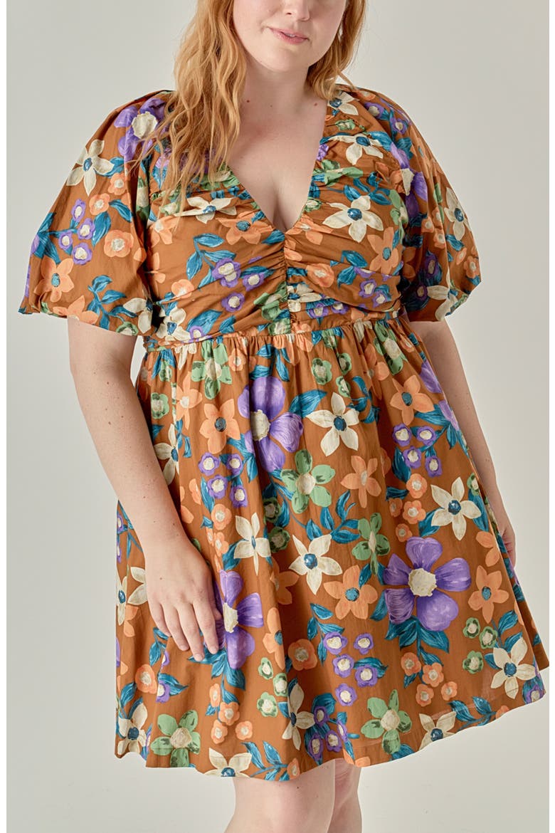 Floral Puff Sleeve Minidress, Alternate, color, BROWN MULTI
