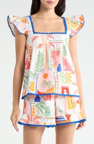 SUGARLIPS Petrolia Town Ada Embroidered Scalloped Trim Flutter Sleeve Cotton Top