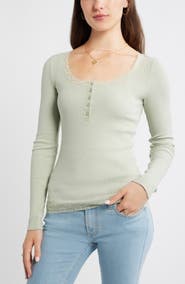 BP. Lace Trim Cotton Blend Rib Henley