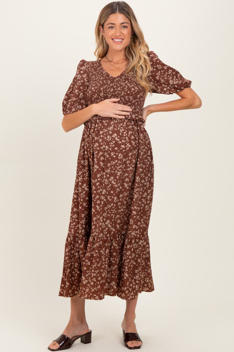 Floral Smocked Short Sleeve Midi Dress, Alternate, color, Brown