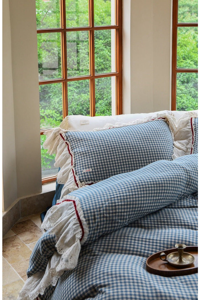 Gingham Floral Ruffle Bedding Set, Alternate, color, Blue