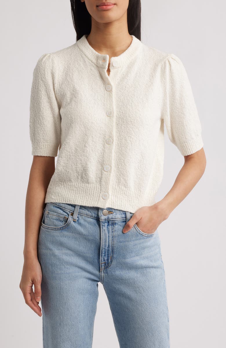 MARGARET O'LEARY Pleated Short Sleeve Cotton Blend Cardigan, Main, color, 