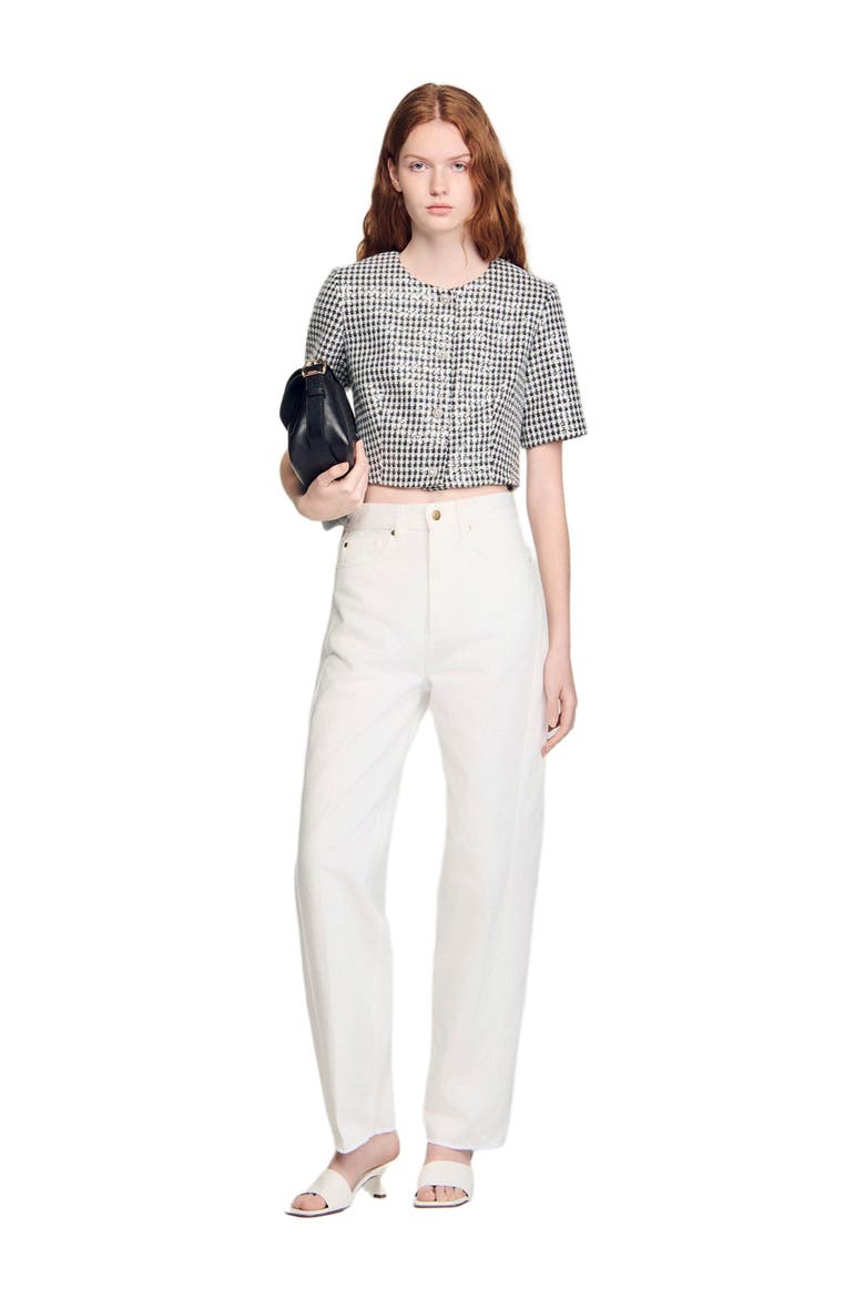 Cropped houndstooth tweed jacket, Alternate, color, Black / white