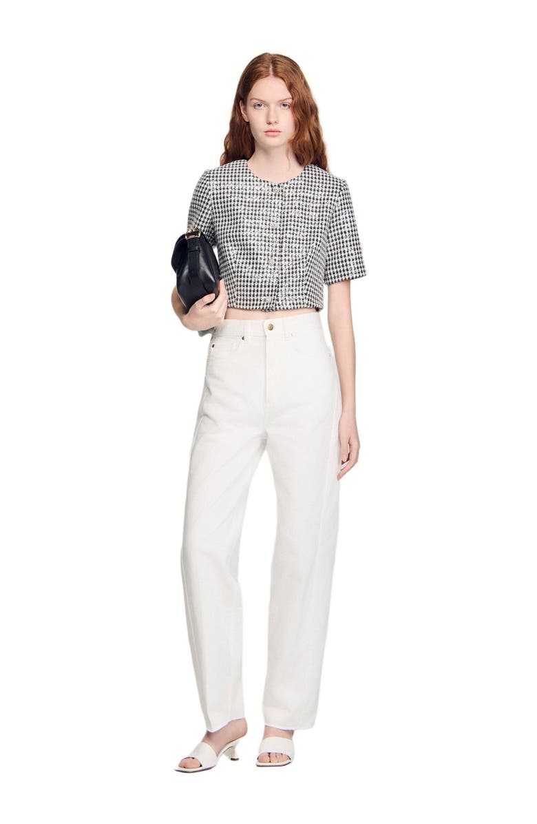 SANDRO Cropped houndstooth tweed jacket, Alternate, color, Black / White