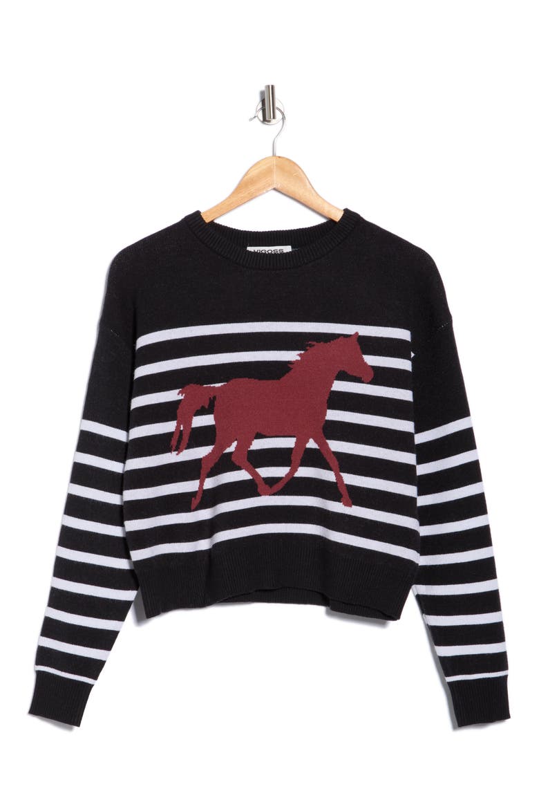Stripe Horse Icon Crop Sweater, Alternate, color, BLACK COMBO