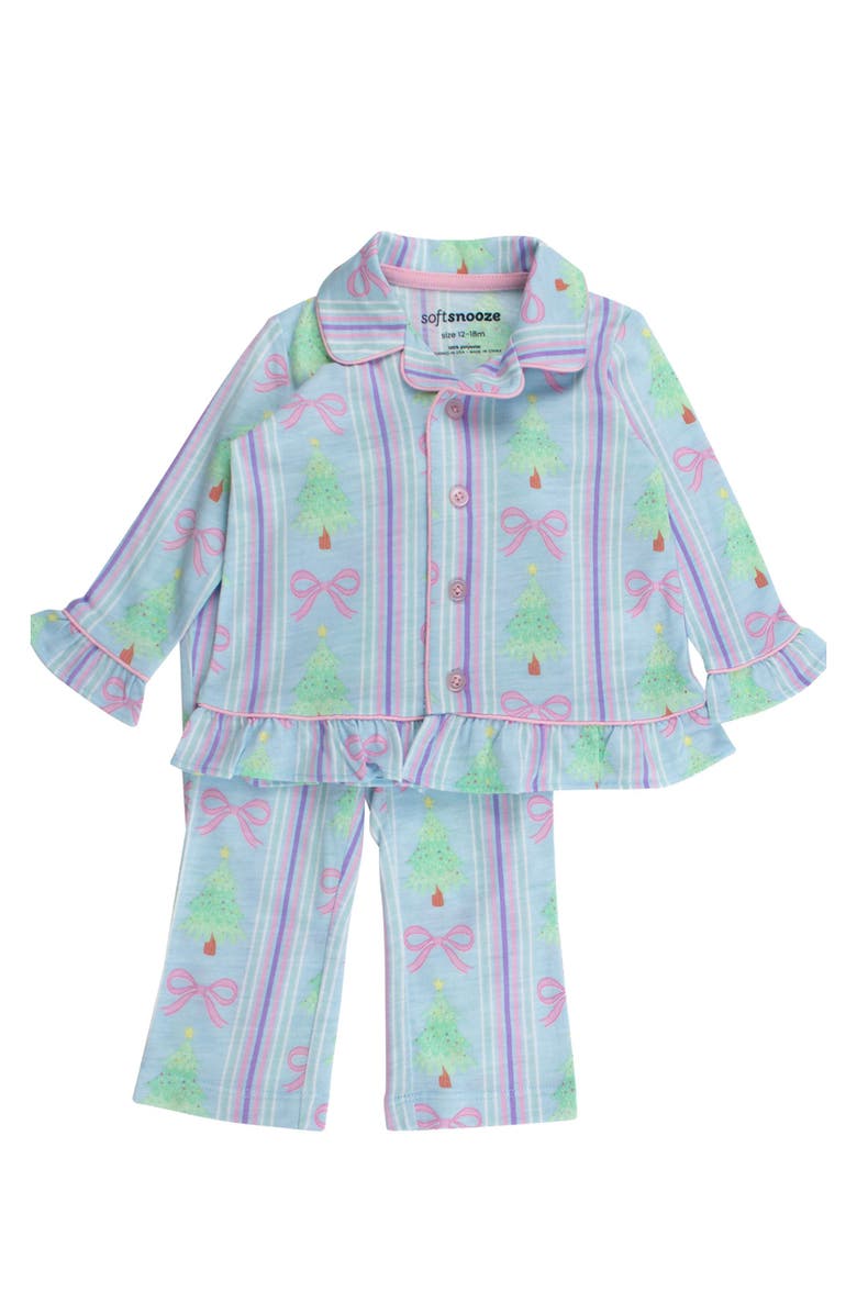 RuffleButts Holiday Ruffle Flare Pajama Set, Main, color, Merry Bow Dreams