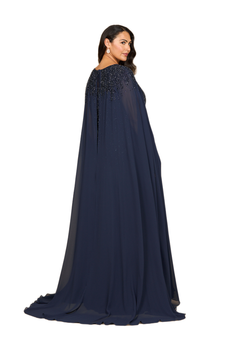 Chiffon A-line Long Gown with Long Cape Sleeves, Alternate, color, Navy