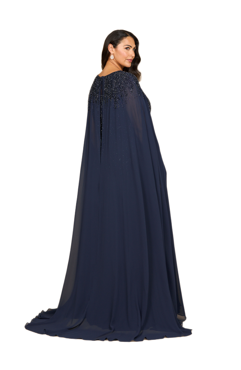LARA New York Chiffon A-line Long Gown with Long Cape Sleeves, Alternate, color, Navy