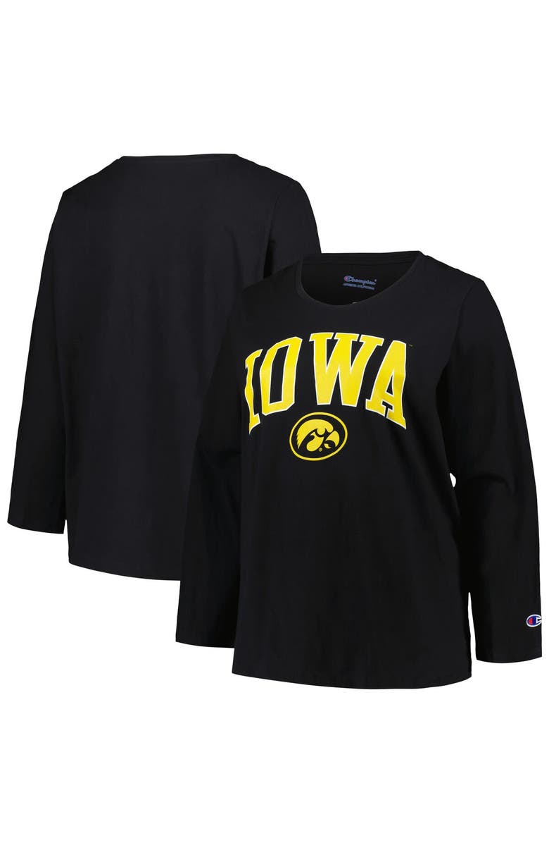 PROFILE Women's Profile Black Iowa Hawkeyes Plus Size Arch Over Logo Scoop Neck Long Sleeve T-Shirt, Main, color, Black