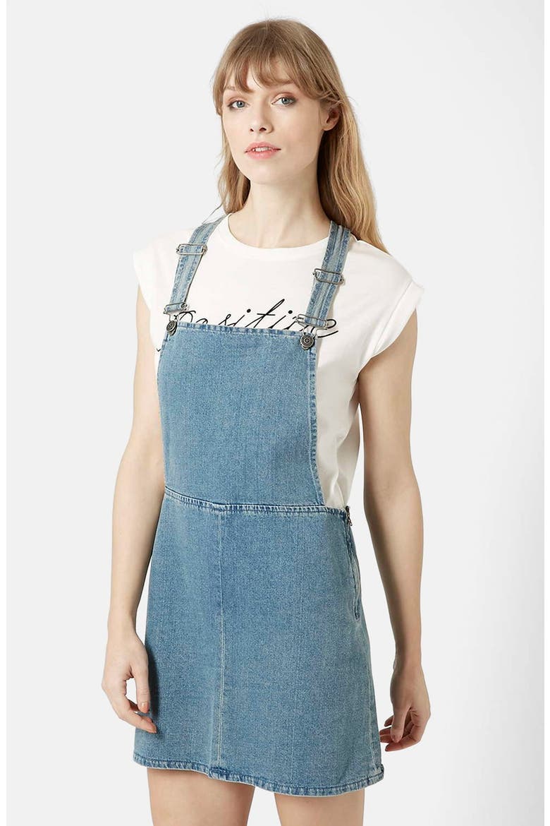 Moto Bleach Denim Pinafore Dress, Main, color, MID DENIM
