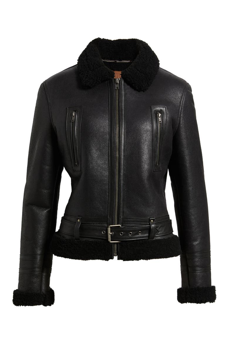 Leather Jacket with Genuine Shearling Trim, Alternate, color, BLACK