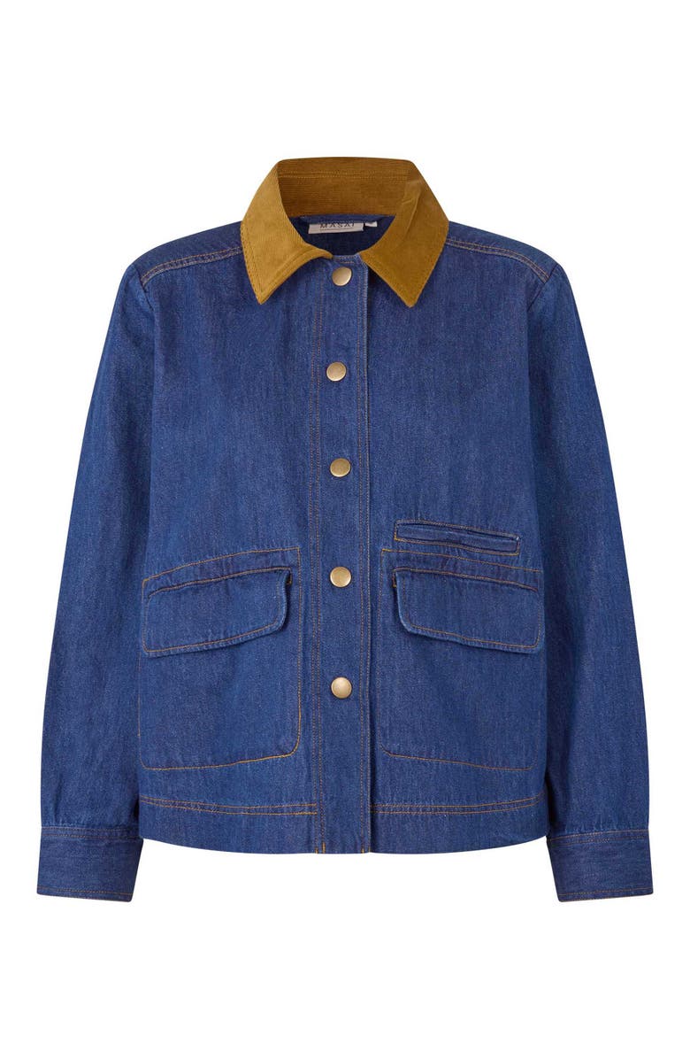 Masai Copenhagen Long Sleeve Velvet Collared Denim Jacket, Alternate, color, Dark Denim