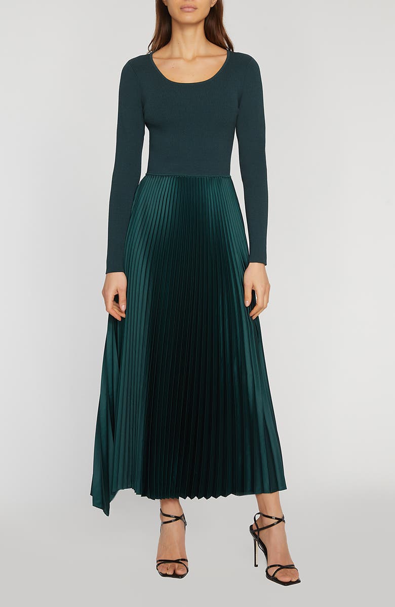 Elie Tahari Mave Pleated Long Sleeve Mixed Media Dress, Main, color,