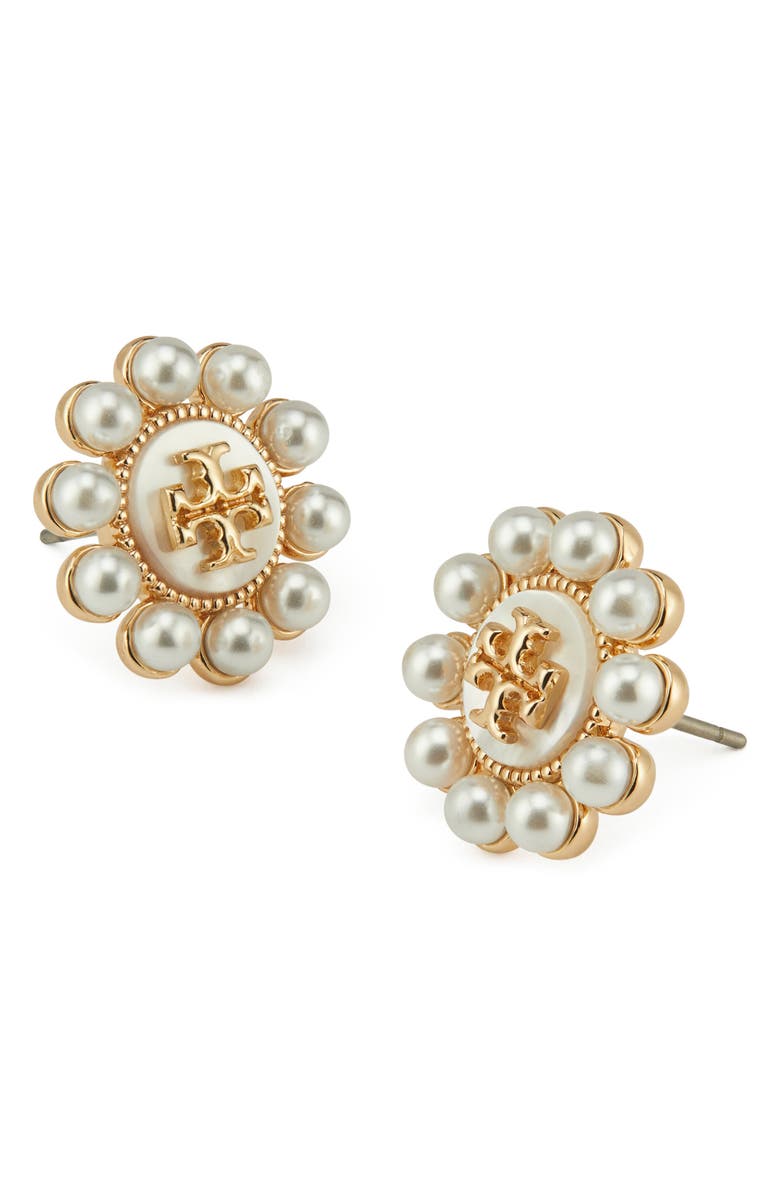 Tory Burch Kira Imitation Pearl Logo Stud Earrings, Alternate, color, 