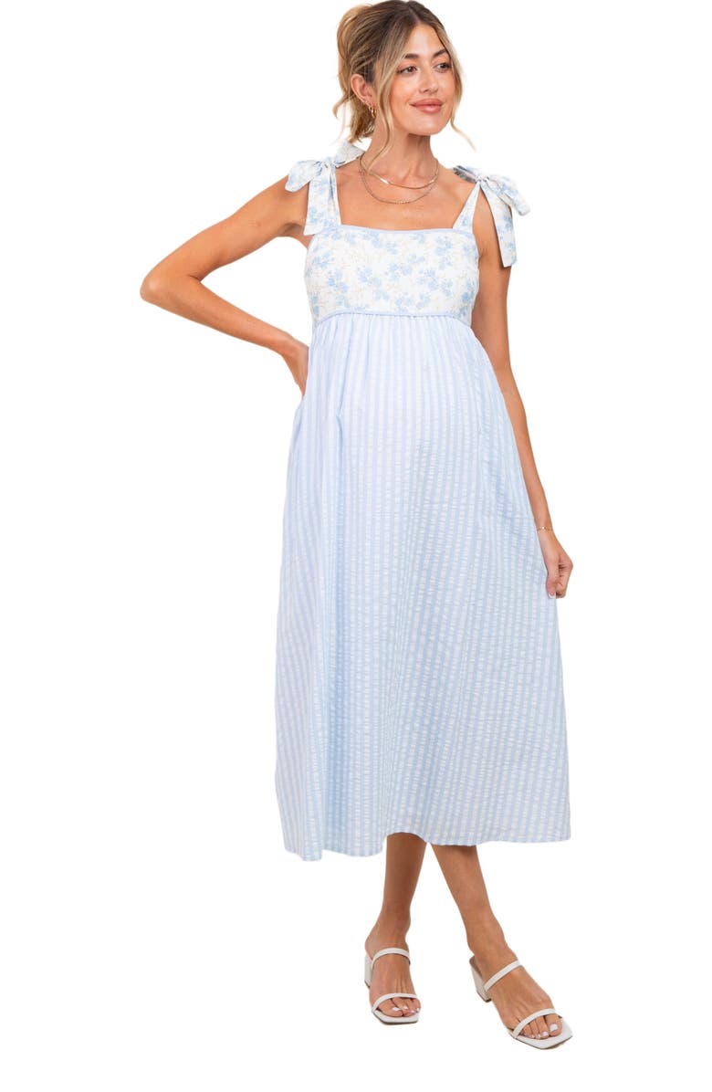 PinkBlush Floral Contrast Stripe Shoulder Tie Midi Dress, Alternate, color, Light Blue