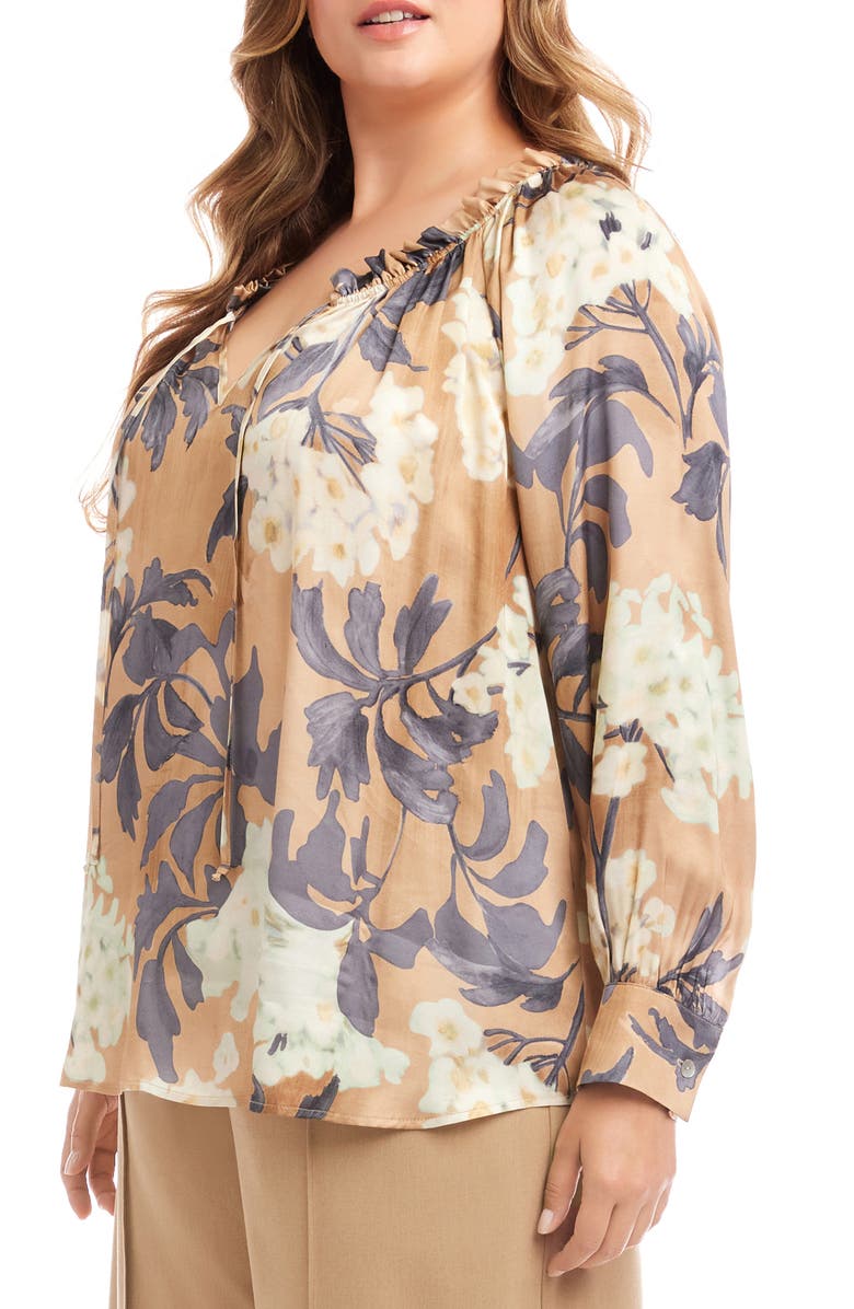Karen Kane Floral Gathered Neck Satin Peasant Top, Alternate, color, Floral Print