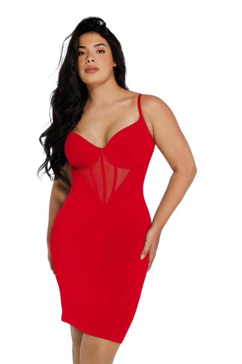 Shapewear Mesh Corset Panel Built-In Sculpting Midi Dress, Main, color, Bright red