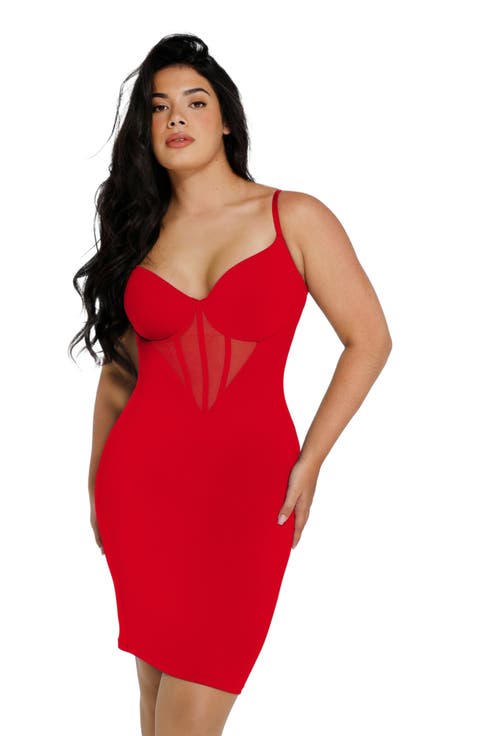 Shapewear Mesh Corset Panel Built-In Sculpting Midi Dress