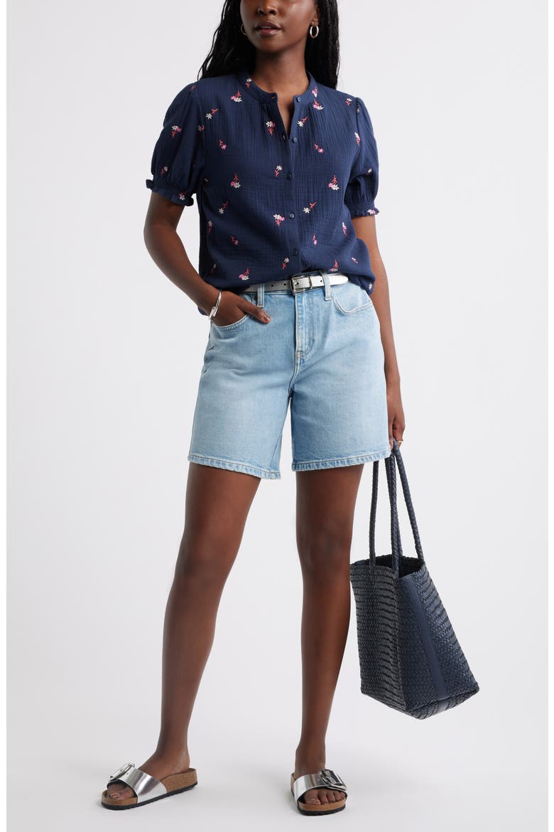 Short Sleeve Embroidered Flower Cotton Popover Top, Alternate, color, NAVY- RED TOSSED BLOSSOMS