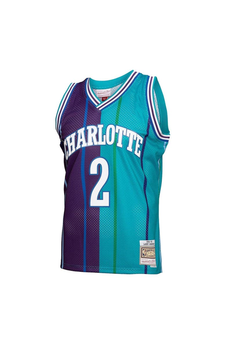 Mitchell & Ness Men's Mitchell & Ness Larry Johnson Teal/Purple Charlotte Hornets Hardwood Classics 1992/93 Split Swingman Jersey, Alternate, color, 