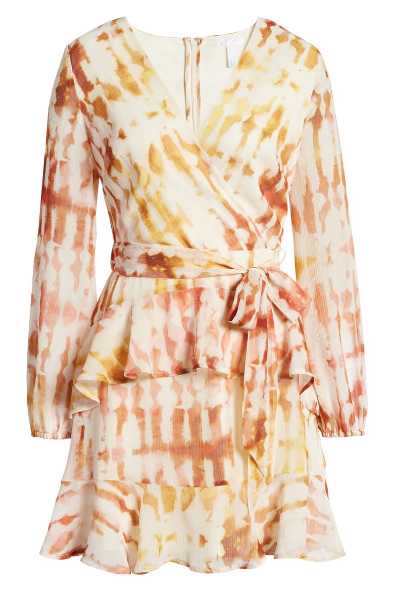 Long Sleeve Wrap Front Minidress, Alternate, color, TAN TYE DYE