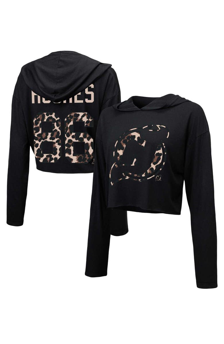 Majestic Threads Women's Majestic Threads Jack Hughes Black New Jersey Devils Leopard Print Name & Number Cropped Pullover Hoodie, Alternate, color, Black