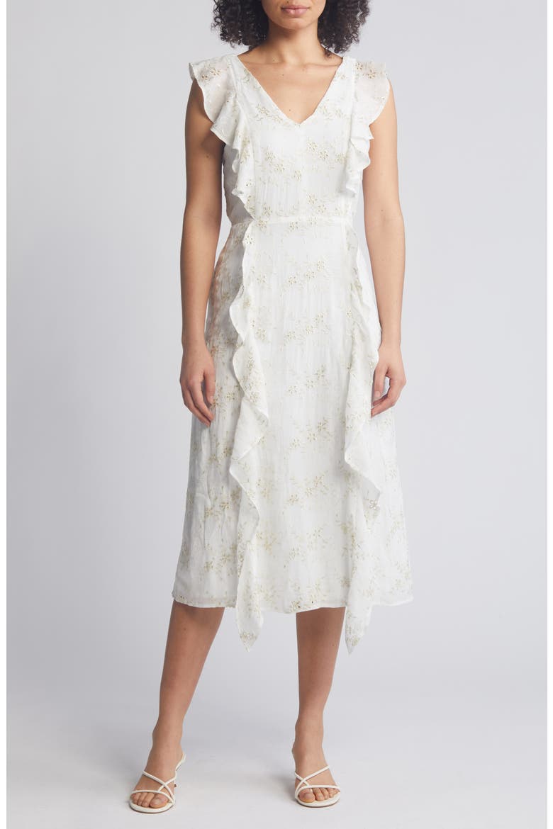 Ruffle Flutter Sleeve Eyelet Dress, Main, color, IVORY/ GOLD