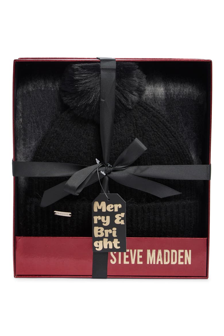 Ribbed Faux Fur Pompom Beanie & Scarf Set, Main, color, BLACK