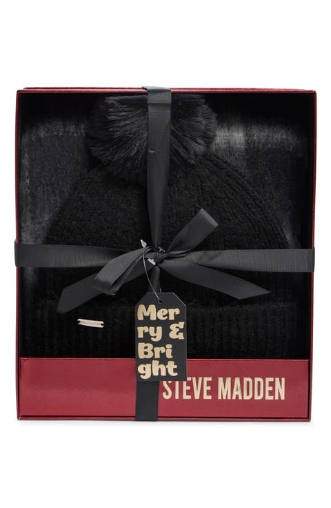 Ribbed Faux Fur Pompom Beanie & Scarf Set