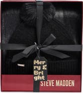 Steve Madden Ribbed Faux Fur Pompom Beanie & Scarf Set