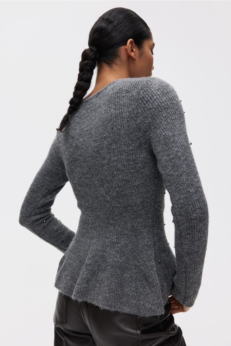 Bead-embellished Peplum Top, Alternate, color, Gray melange