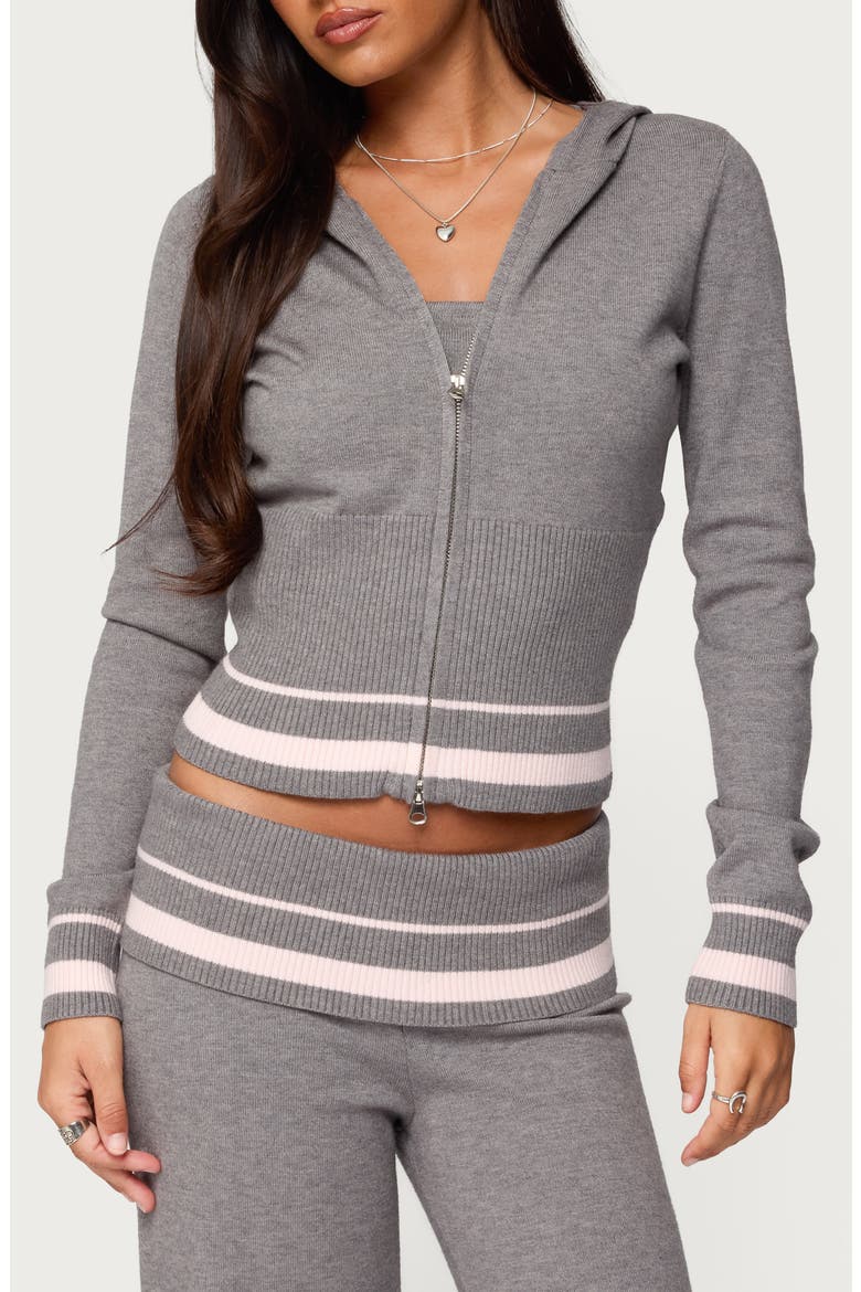 Kaliya Stripe Front Zip Sweater Hoodie, Main, color, GRAY-MELANGE