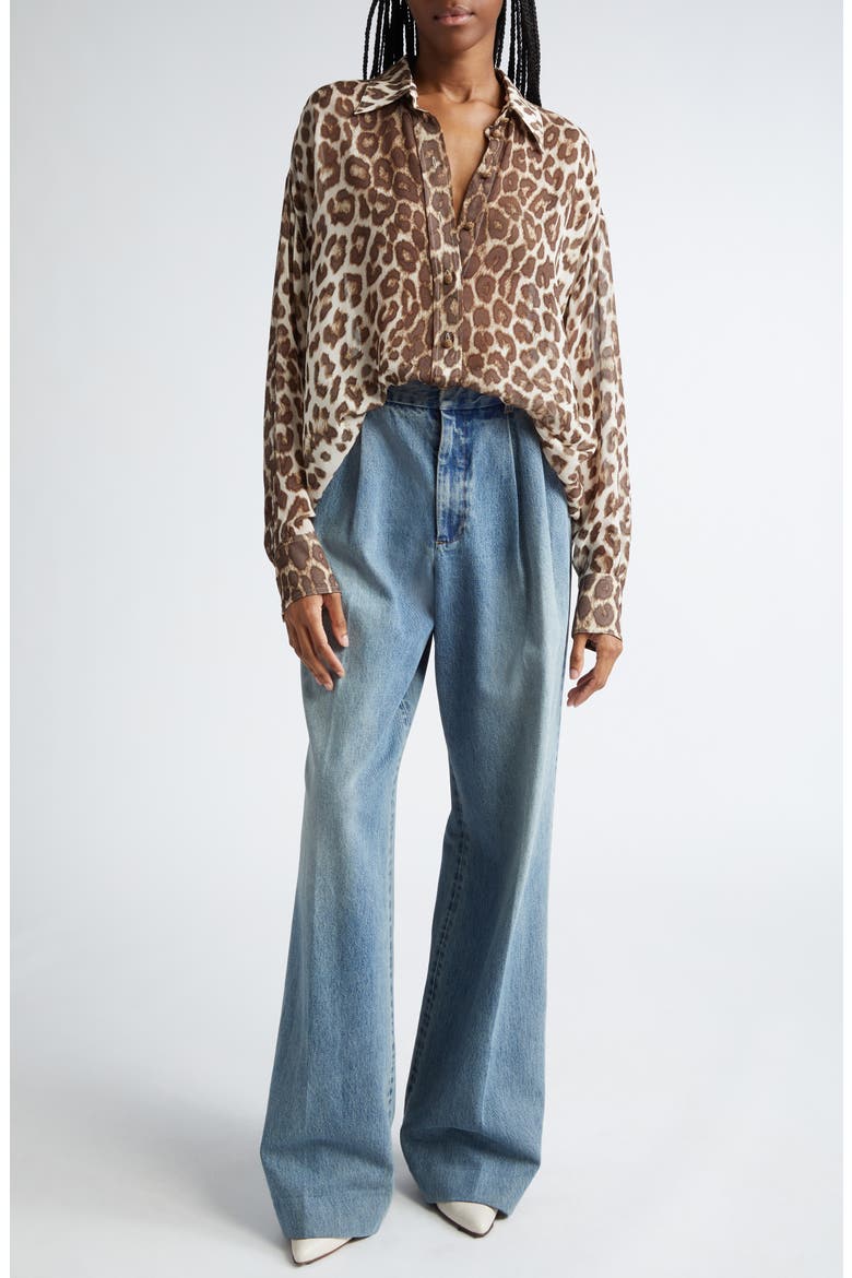 Illustration Leopard Print Scarf Detail Button-Up Shirt, Alternate, color, CHOCOLATE LEOPARD