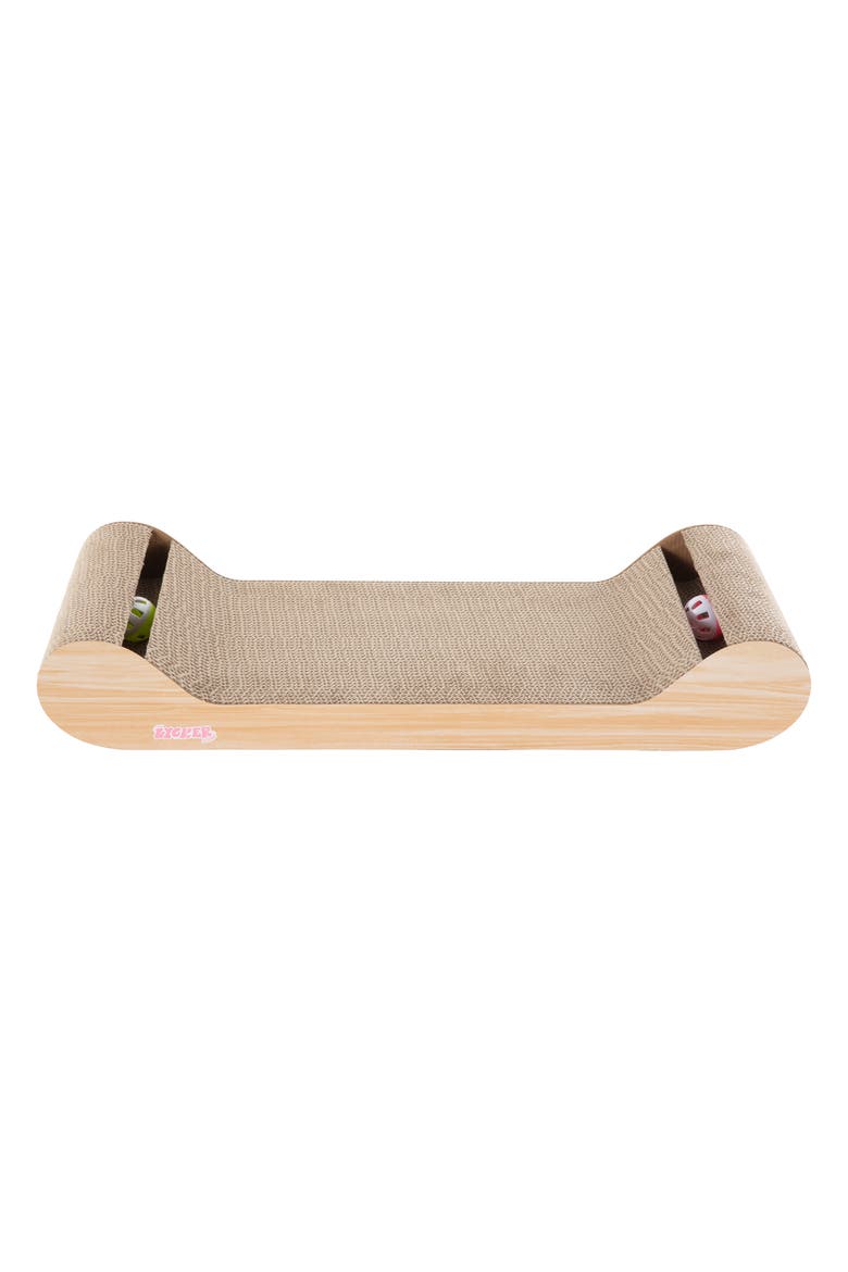 Rini Modern Cardboard Lounge Bed Cat Scratcher with Built-In Bell Toys and Catnip, Alternate, color, Oak Wood Finish