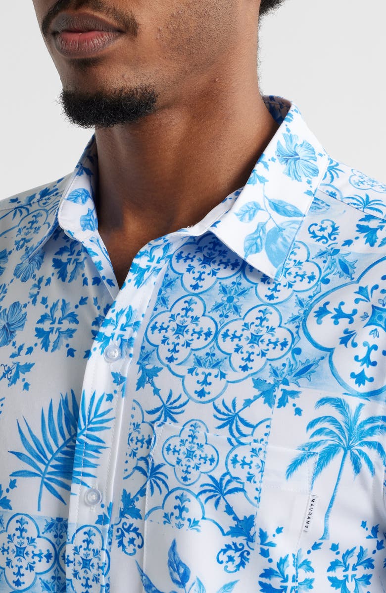 MAVRANS Tropical Print Short Sleeve Performance Button-Up Shirt, Alternate, color, Blue Multi
