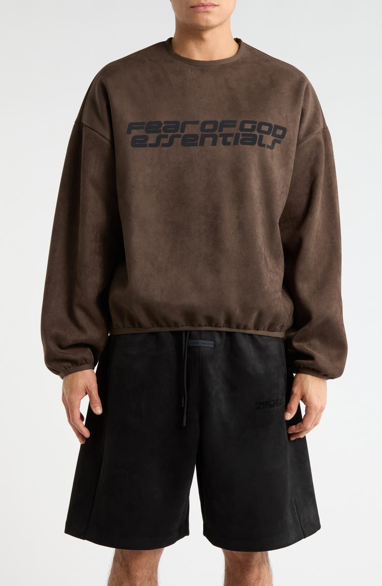 Fear of God Essentials Modern Sueded Fleece Logo Graphic Sweatshirt, Main, color, Brown