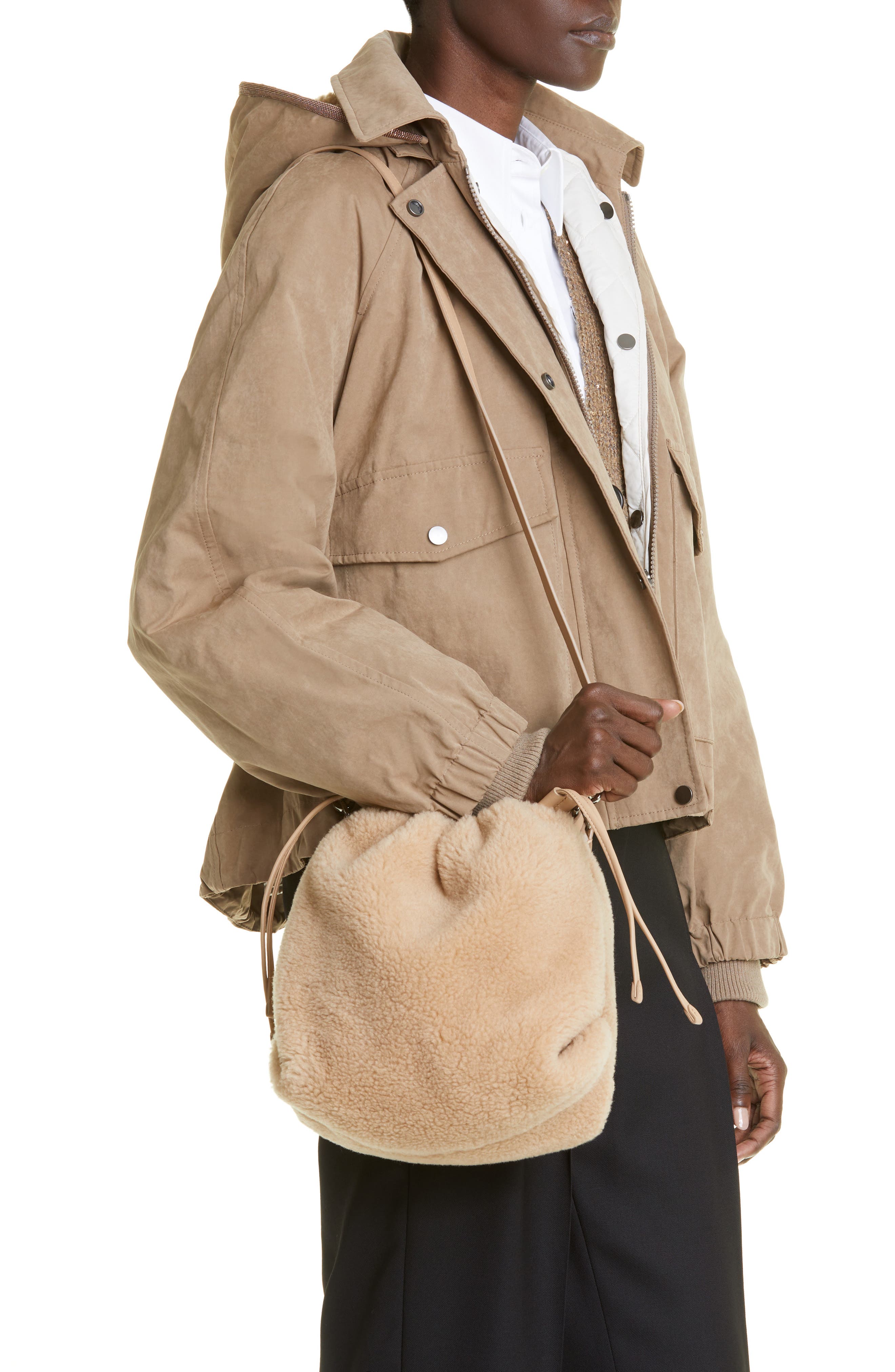 Brunello Cucinelli Genuine Shearling Bucket Bag, Alternate, color, 