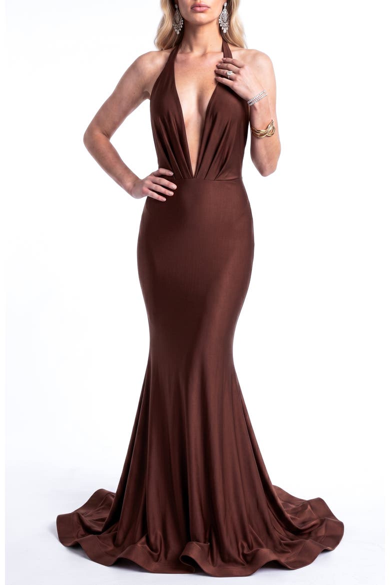 Plunging Halter Open-Back Mermaid Gown With Train, Alternate, color, Brown